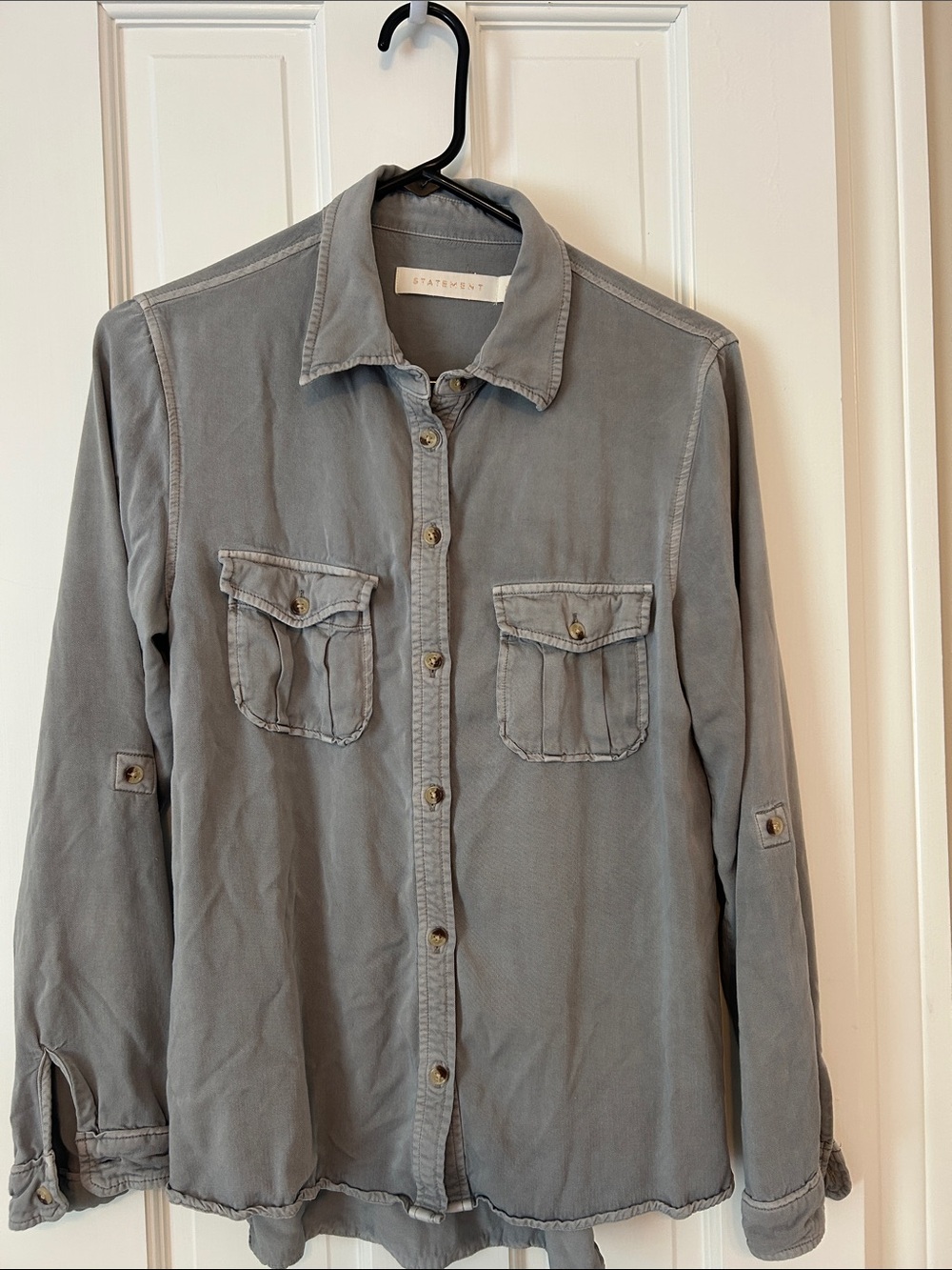 Soft Washed Grey Button-Up Utility Blouse